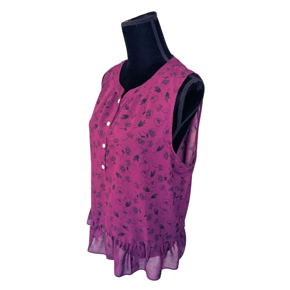 GAP Women's XL Sheer Fuschia Floral Ruffled Sleeveless Blouse Top